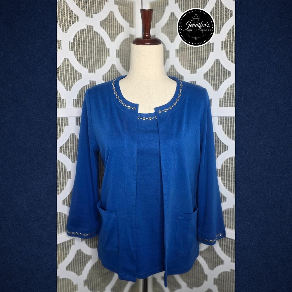 Rafaella 2-Piece Blue & Silver Embellished Open Cardigan Set Size MP